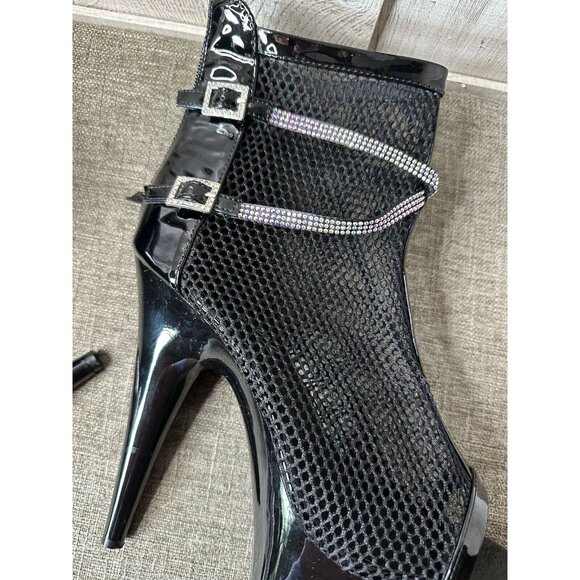 Womens Ellie 7" Heel Fishnet Bootie Stiletto Size 11 Rhinestone Straps 709 Swank - Picture 8 of 13
